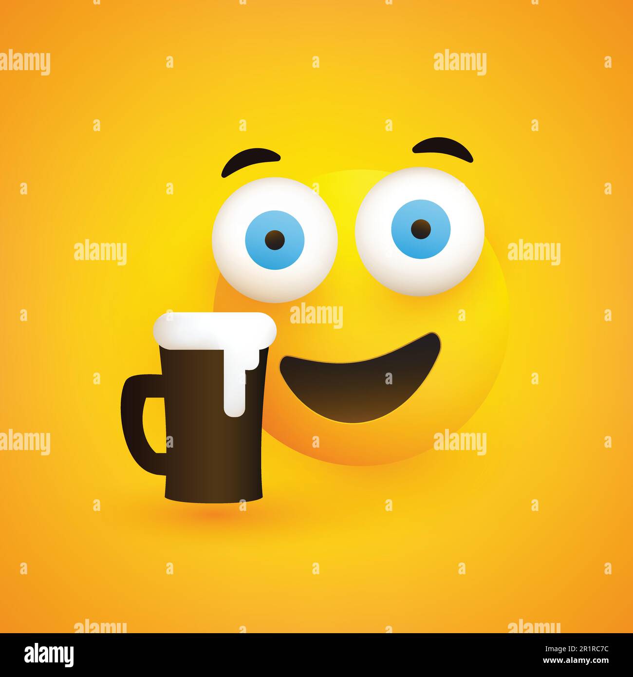 Smiling Emoji - Simple Happy Emoticon with Pop Out Eyes and a Glass of Beer on Yellow Background Stock Vector
