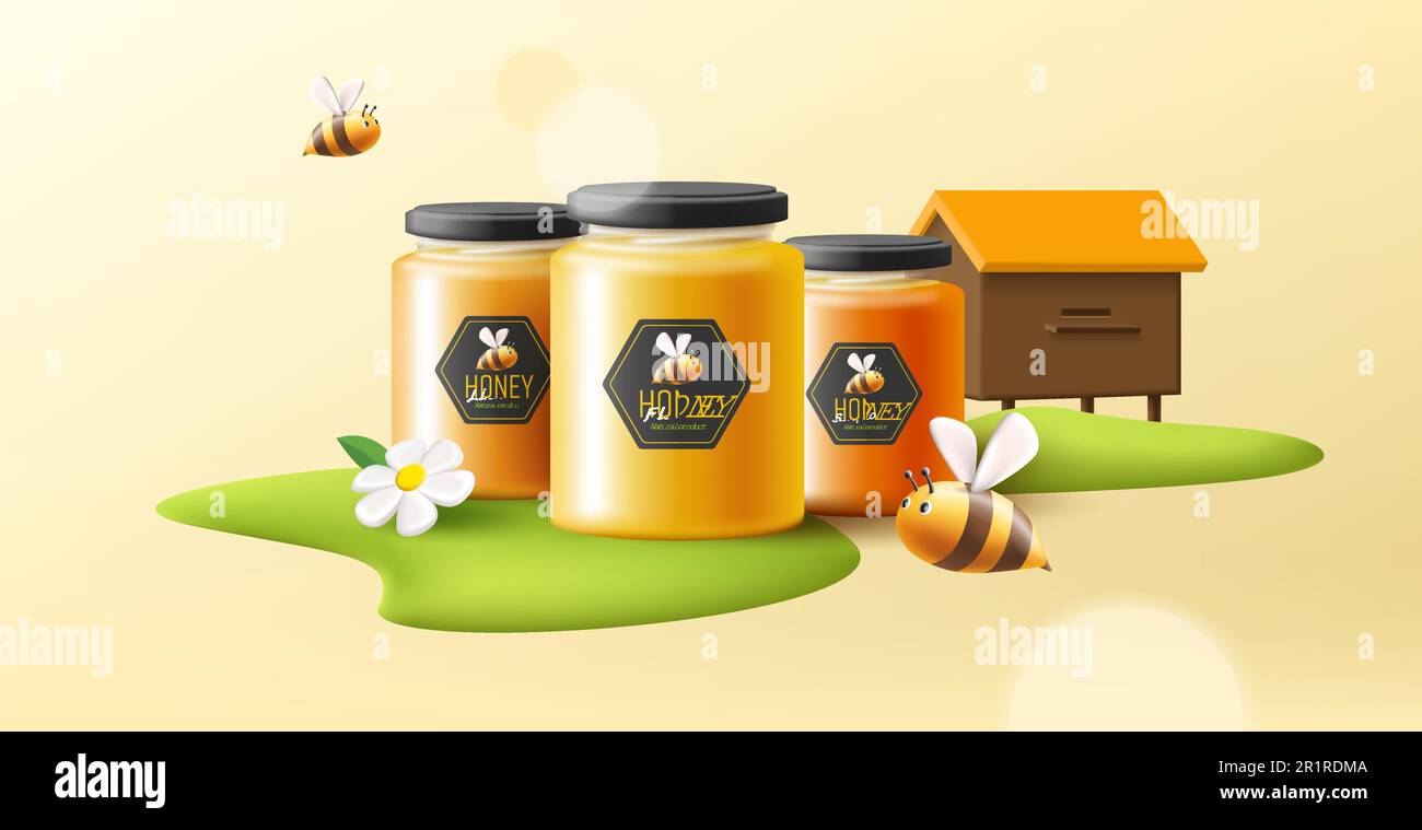 3d illustration of honey in a glass jars with flying bees and white