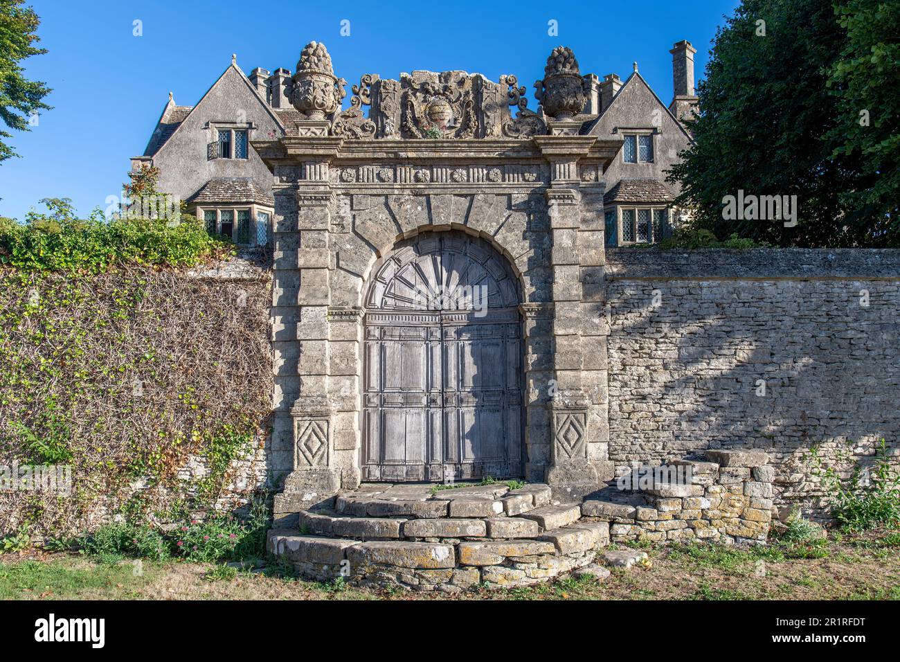 Cold Ashton, Chippenham, UKAugust 2022; Close up of walled frontage of