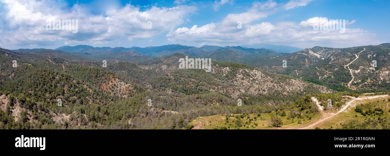 Aerial panoramic view of Paphos forest near the abandoned village  of Vretsia, Paphos region of Cyprus. Stock Photo