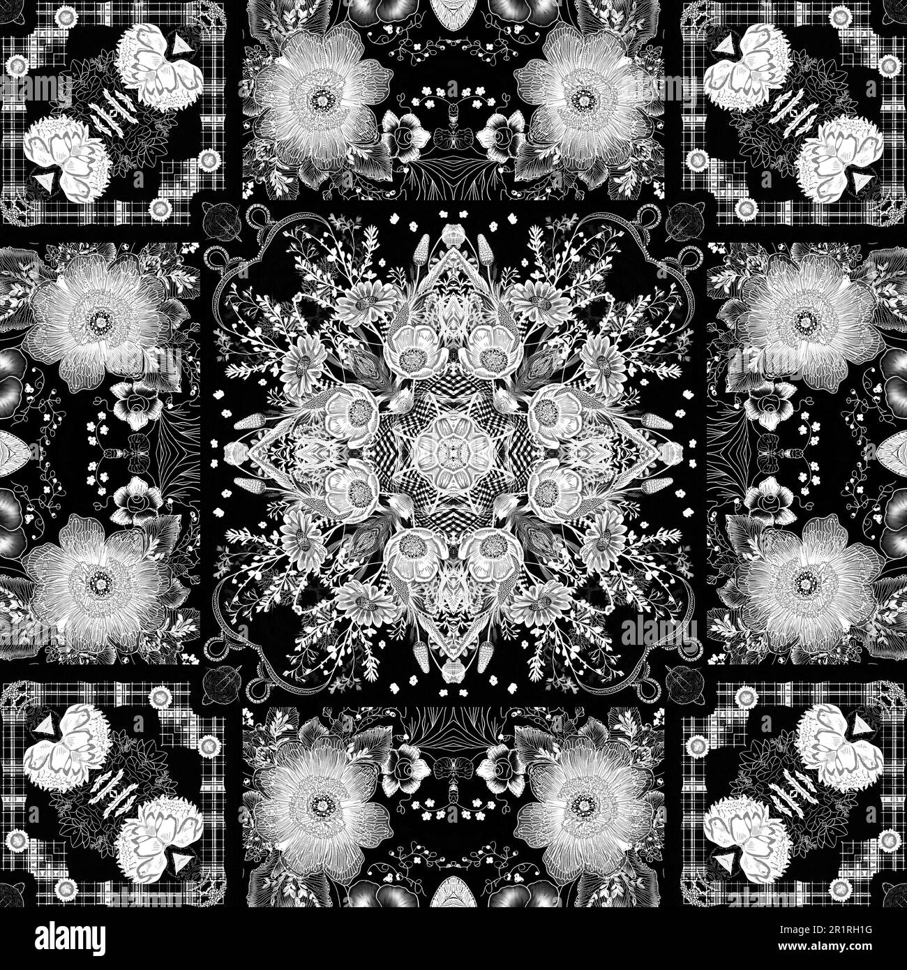 Intricate black and white lace folk flower pattern with an elegant ...