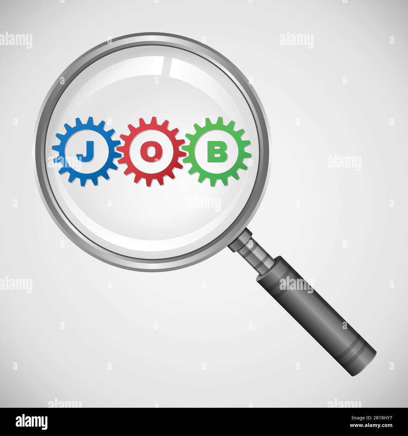Word job with magnifying glass. Magnifier with job text in gears wheels