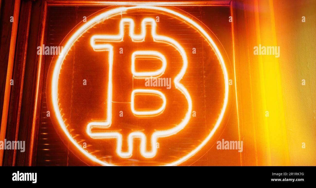 Business Or Finance Background. Led-board Symbol Of Bitcoin. New Virtual Money. Crypto Currency, Bitcoin. Btc, Bit Coin. Blockchain Technology. Stock Photo