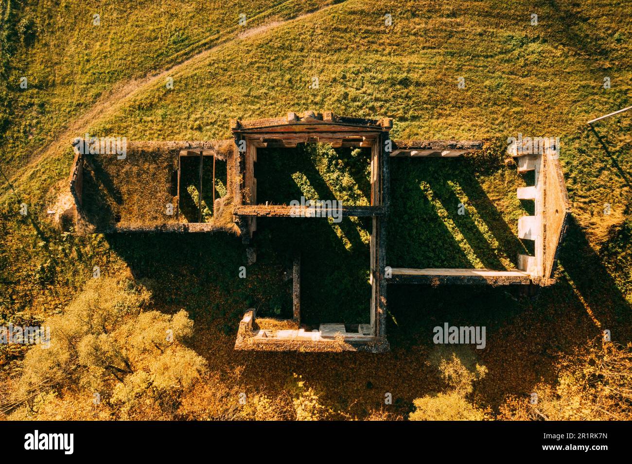 Bird's-eye view of ruins of the brewery in estate of the Tikhanovetskys. Aerial view of neo-gothic monument of industrial architecture of the early Stock Photo