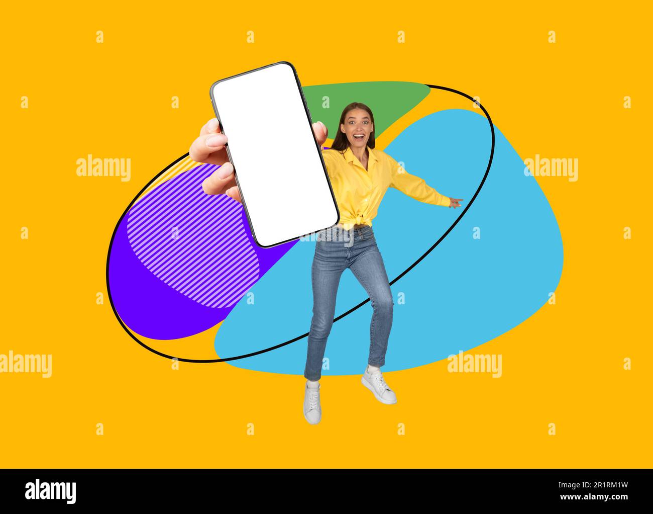 Excited Young Woman Jumping With Big Blank Smartphone In Hand, Collage ...