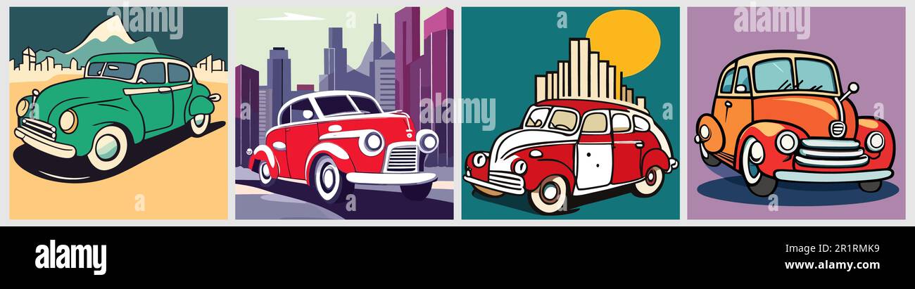 Set of cartoon vintage cars with cityscape vector. Stock Vector