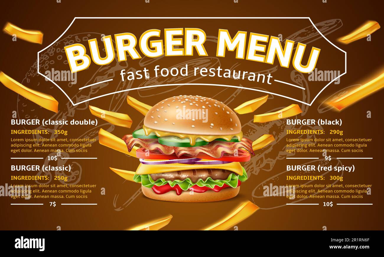 Cafe burgers menu. Realistic street fast food flyer with prices and ingredients, restaurant