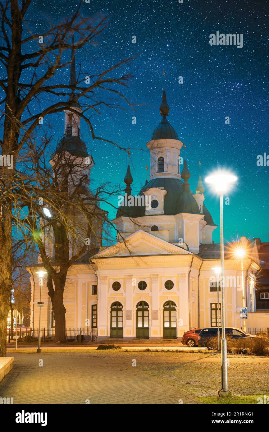 Parnu, Estonia. Night View Of Estonian Apostolic Orthodox Parnu Transformation Of Our Lord Church In Evening Night Illuminations. Famous Attraction Stock Photo
