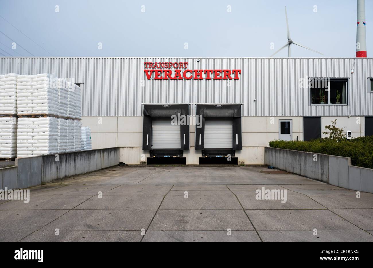 Geel, Antwerp Province, Belgium - April 22, 2023 - Cargo entrance of the Transport Verachtert company. Stock Photo