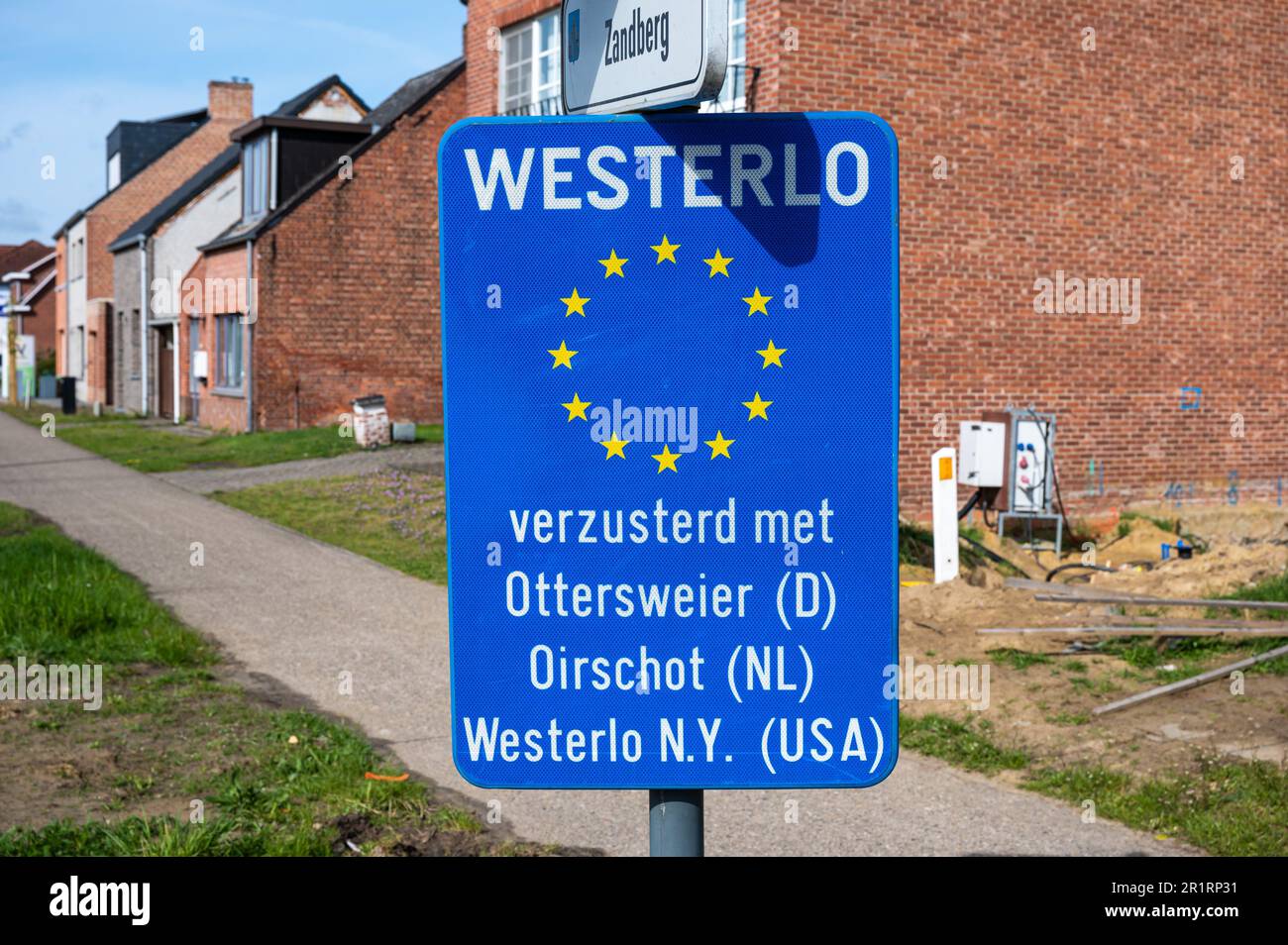 Westerlo, Flanders, Belgium April 22, 2023 Blue sign of the city of