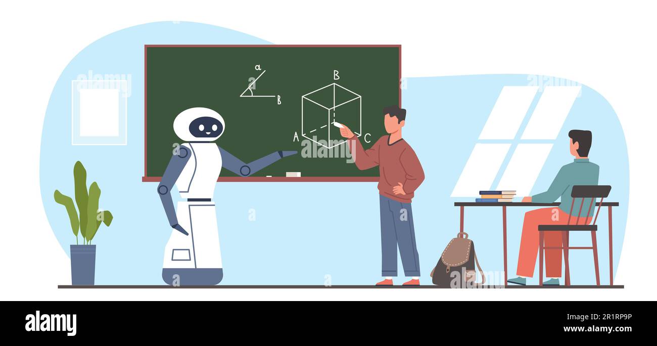 Robot teacher and students work together at blackboard in classroom ...