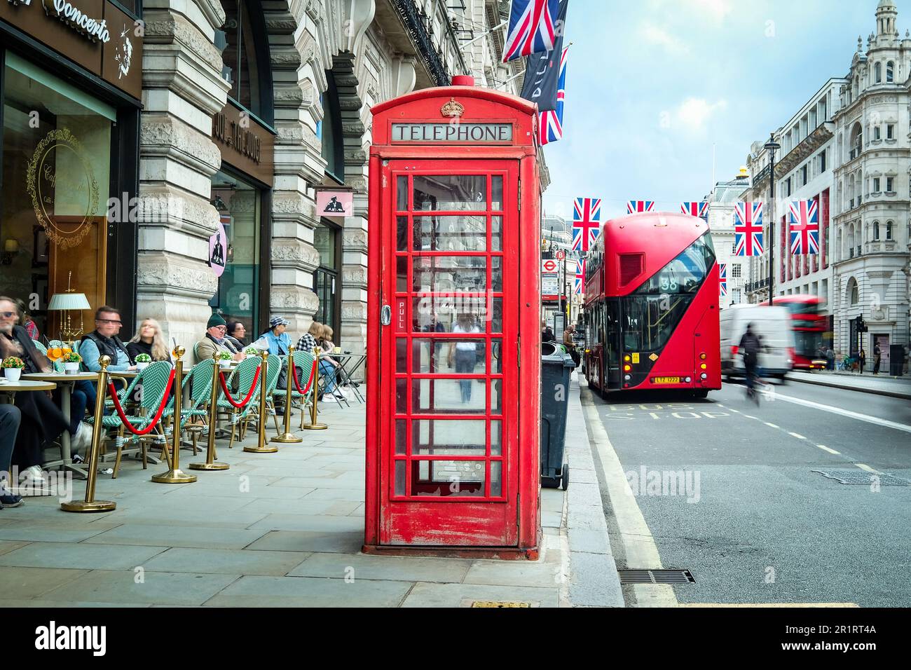 London- May 2023: Iconic British red phone box on Piccadilly in London ...