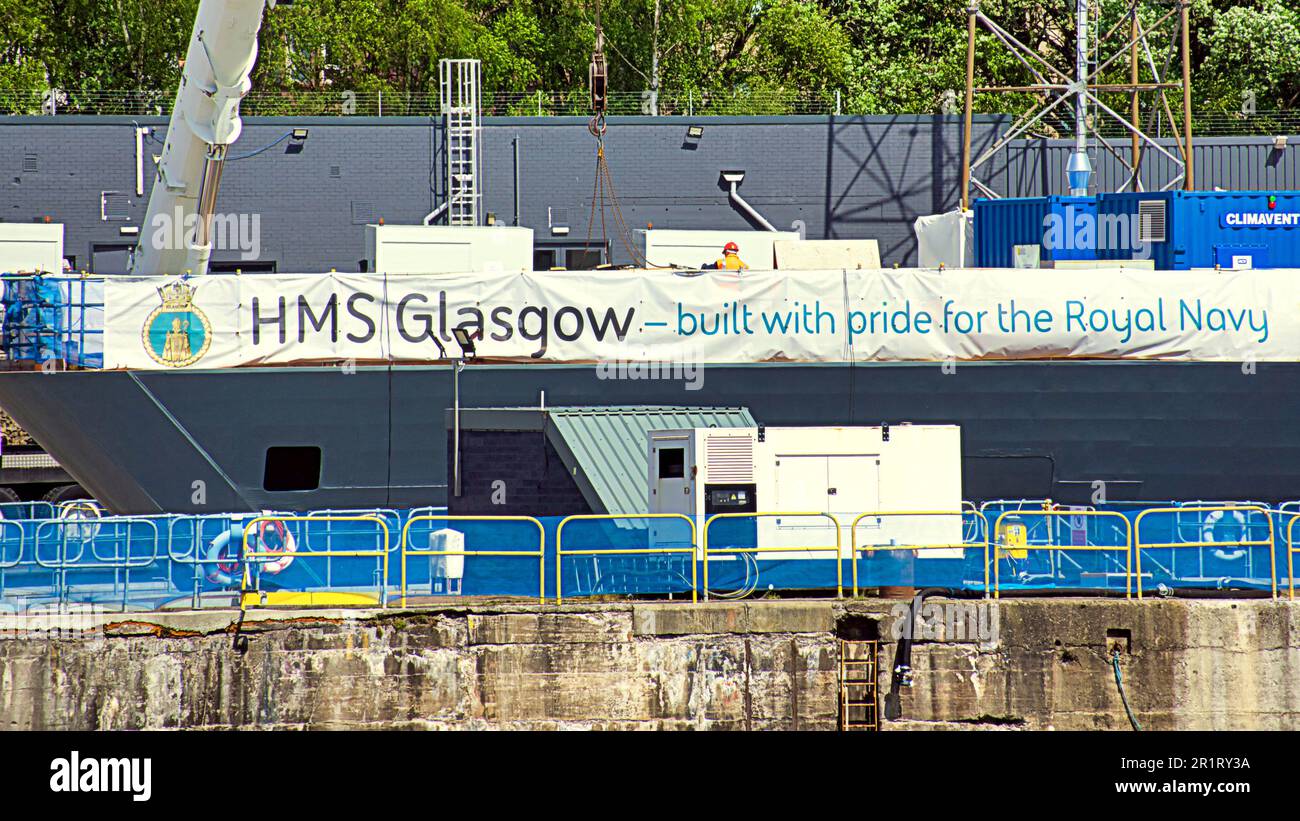 Glasgow, Scotland, UK 15th May, 2023.  HMS Glasgow espionage investigation sees the warship in dock  at BAE in yoker as they try to find out who fiddled with it. Credit Gerard Ferry/Alamy Live News Stock Photo
