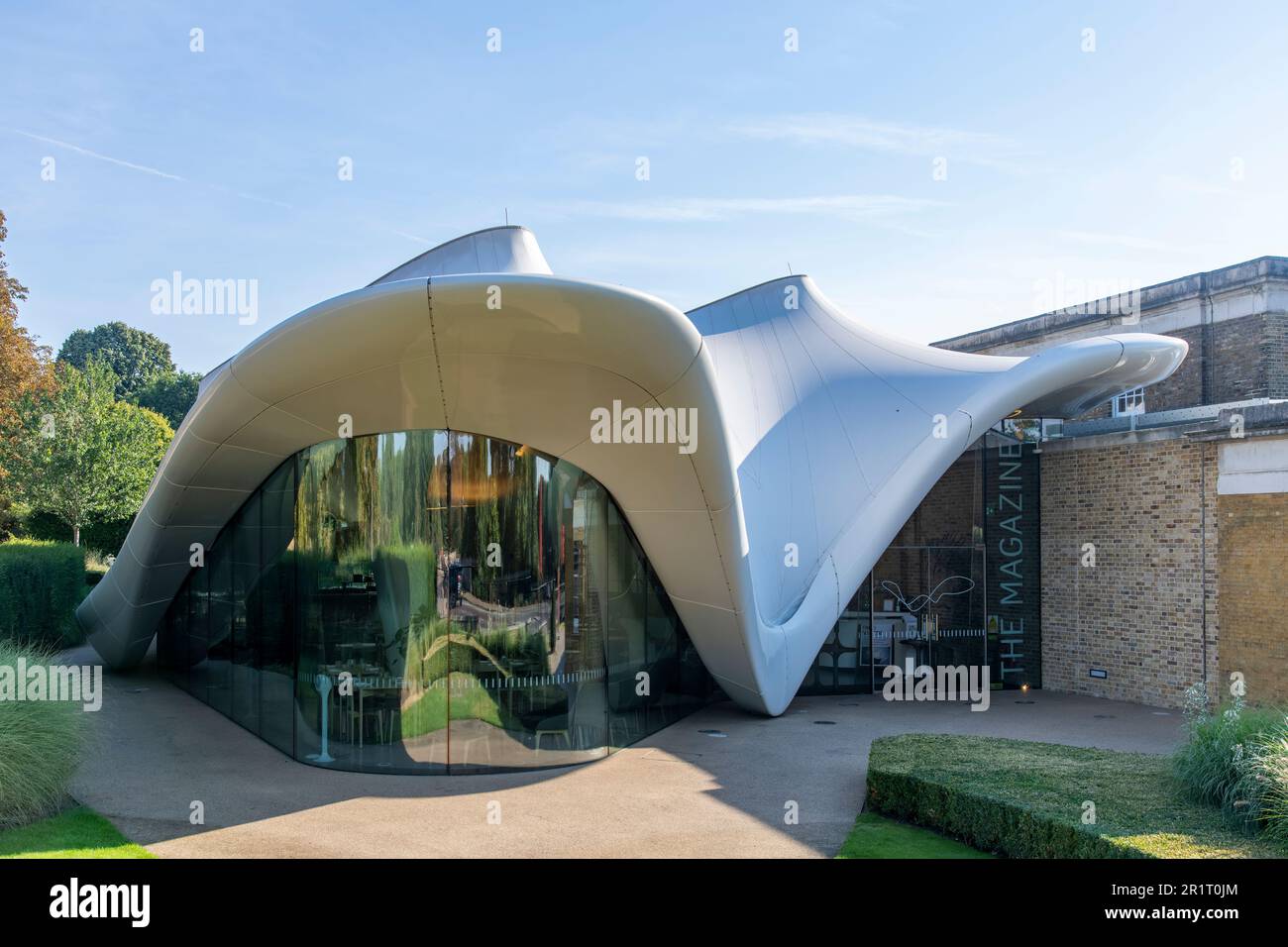 London, England-August 2022: Close up of the contemporary Serpentine North Gallery designed by architect Zaha Hadid in restored munitions depot Stock Photo