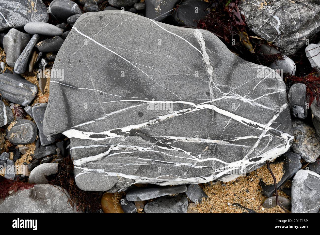 Limestone fragments with calcite veins. Saint Jean de luz, Aquitaine, France. Stock Photo