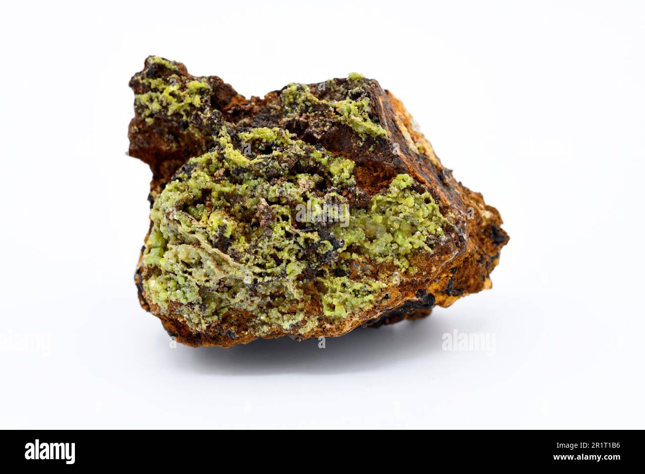 Pyromorphite is a lead phosphate mineral. This sample comes from Moulay Bouazza, Morocco. Stock Photo