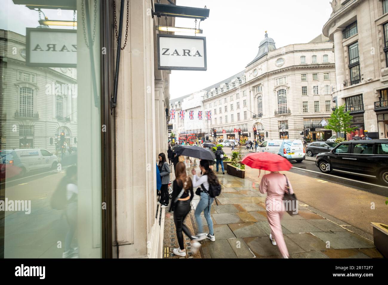 London- May 2023: Zara store signage on Regent Street store, a fast fashion retailer with branches across the UK Stock Photo