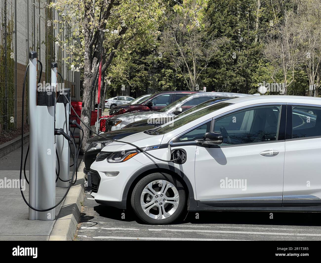 United States. 05th Apr, 2023. A row of electric vehicles is plugged in