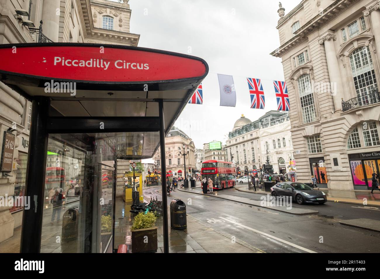 London- May 2023: Bus stop sign on Piccadilly Circus- a landmark ...