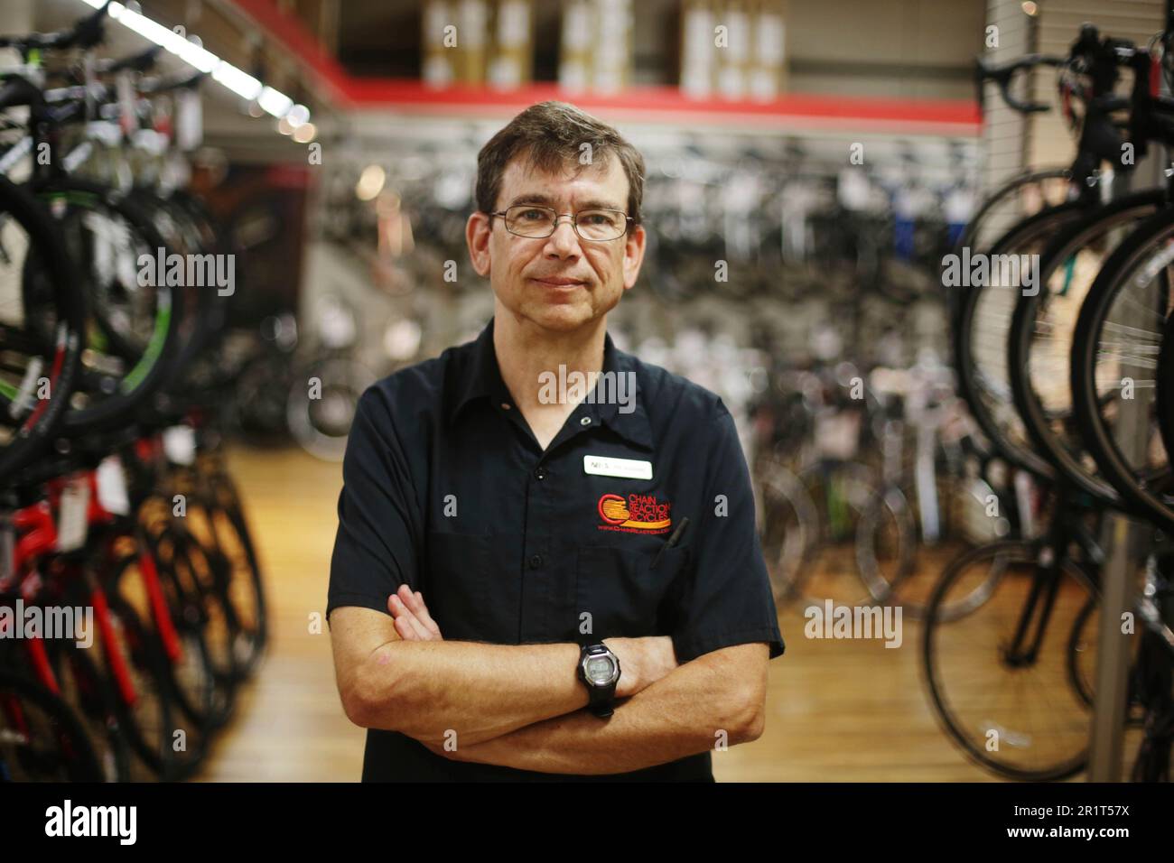 Mike Jacoubowsky, co-owner Chain Reaction Bicycles, poses for a portrait at Chain  Reaction Bicycles on Wednesday, October 14, 2015 in Redwood City, Calif.  (Lea Suzuki/San Francisco Chronicle via AP Stock Photo -