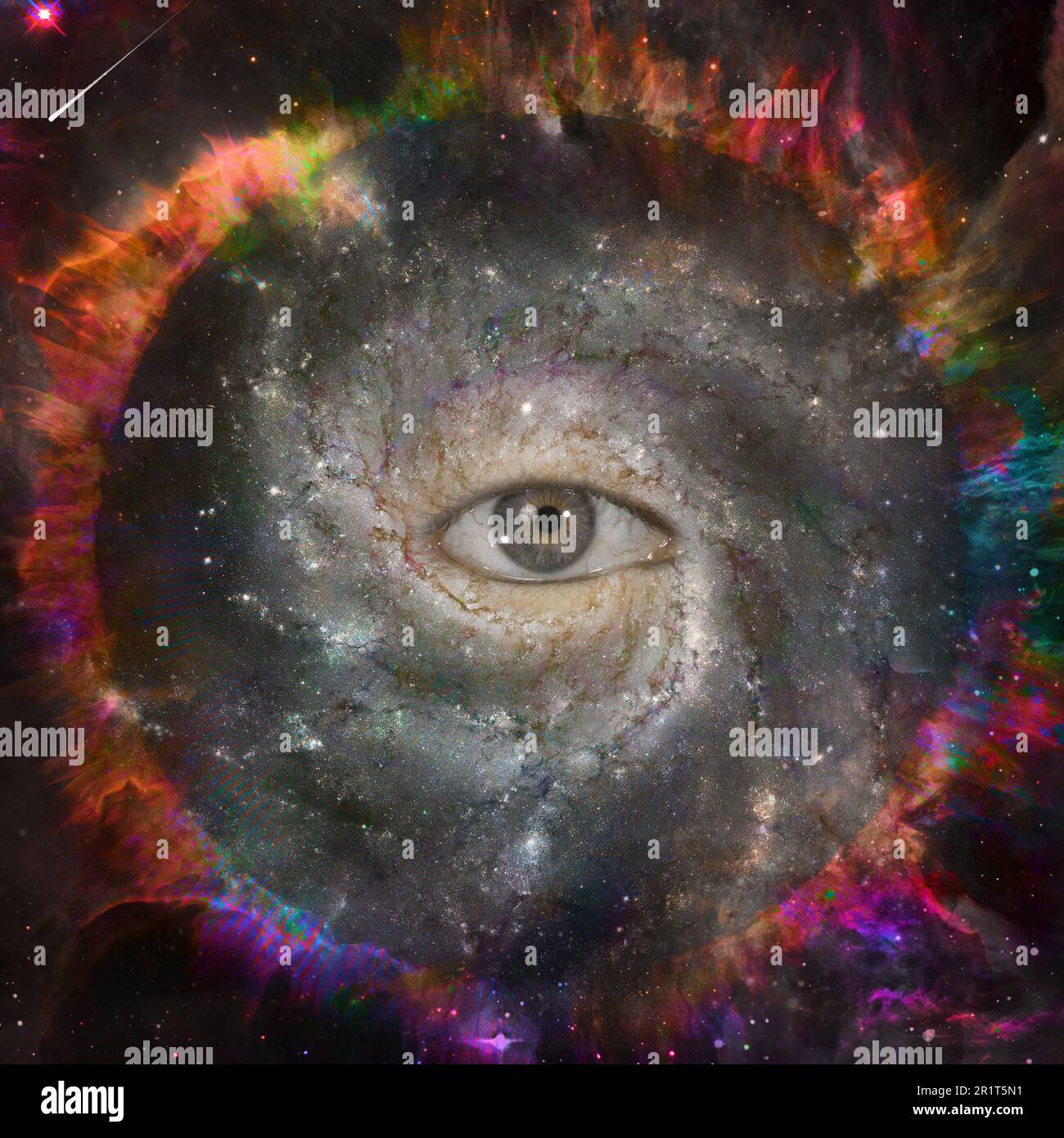 All seeing eye in space. Circle of fire Stock Photo