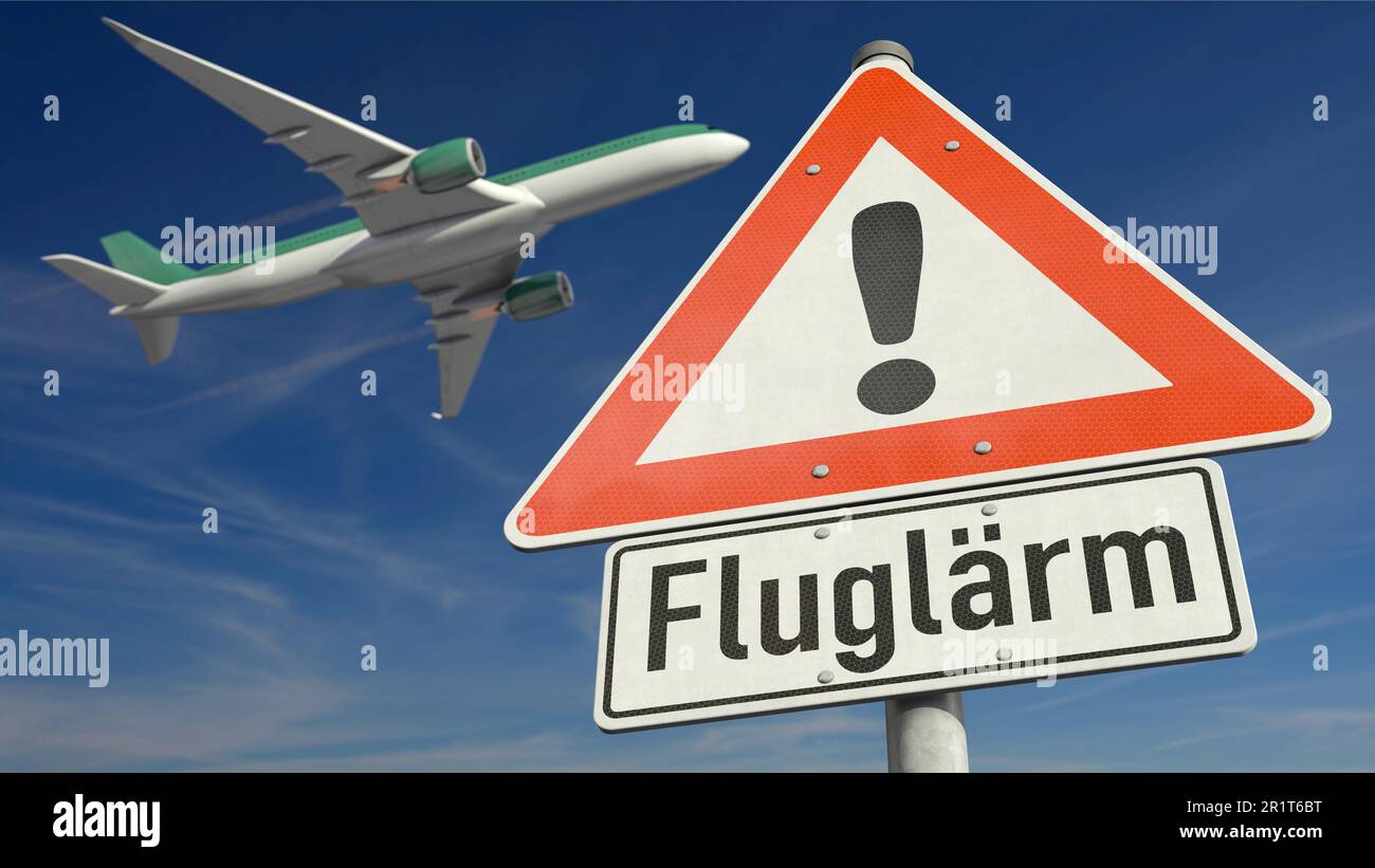 Warning sign with the German word 'Fluglaerm' (aircraft noise) and airliner in background Stock Photo