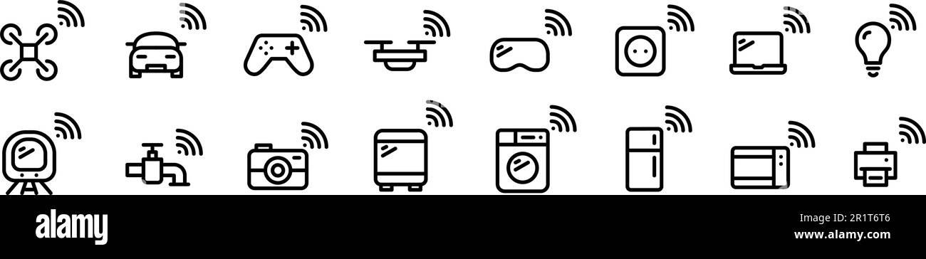 Internet of things. Simple icons of electronic devices. Home appliances, vehicles and computers. Pixel perfect icons Stock Vector