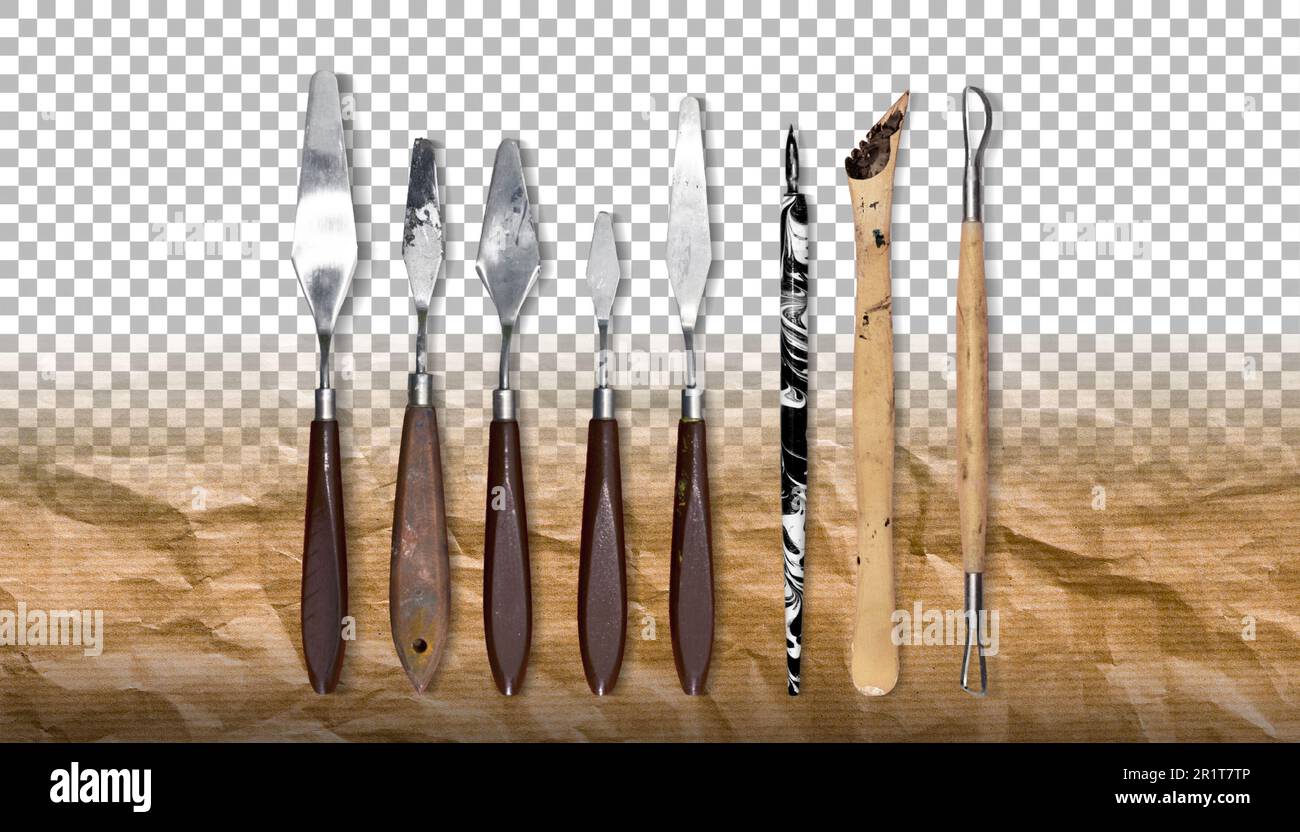 Set of different palette knife spatulas isolated on white background. Stock Photo