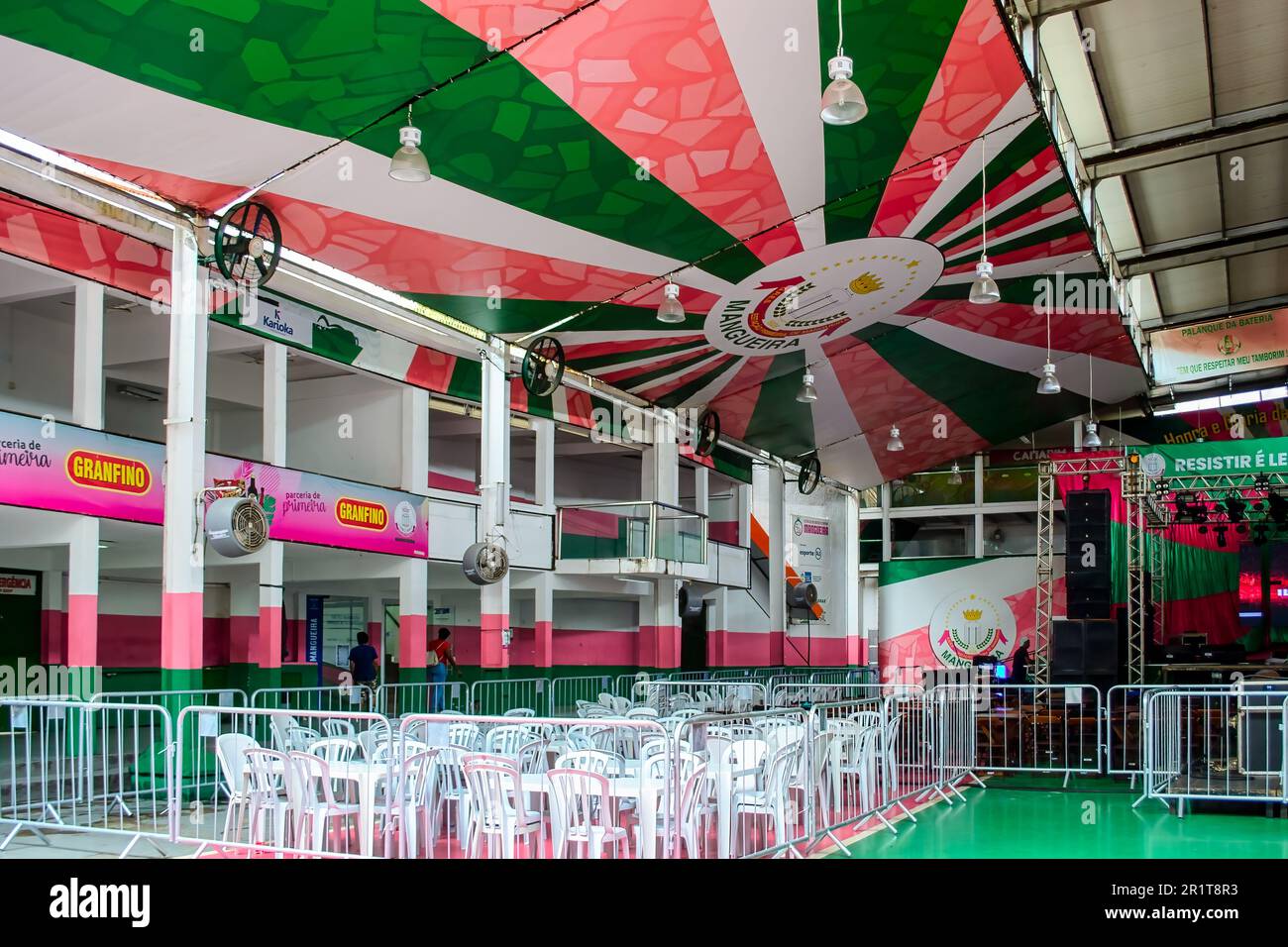 Chairs, tables and colors in the dancefloor area. The official name of the famous education building is: Grêmio Recreativo Escola de Samba Estação Pri Stock Photo