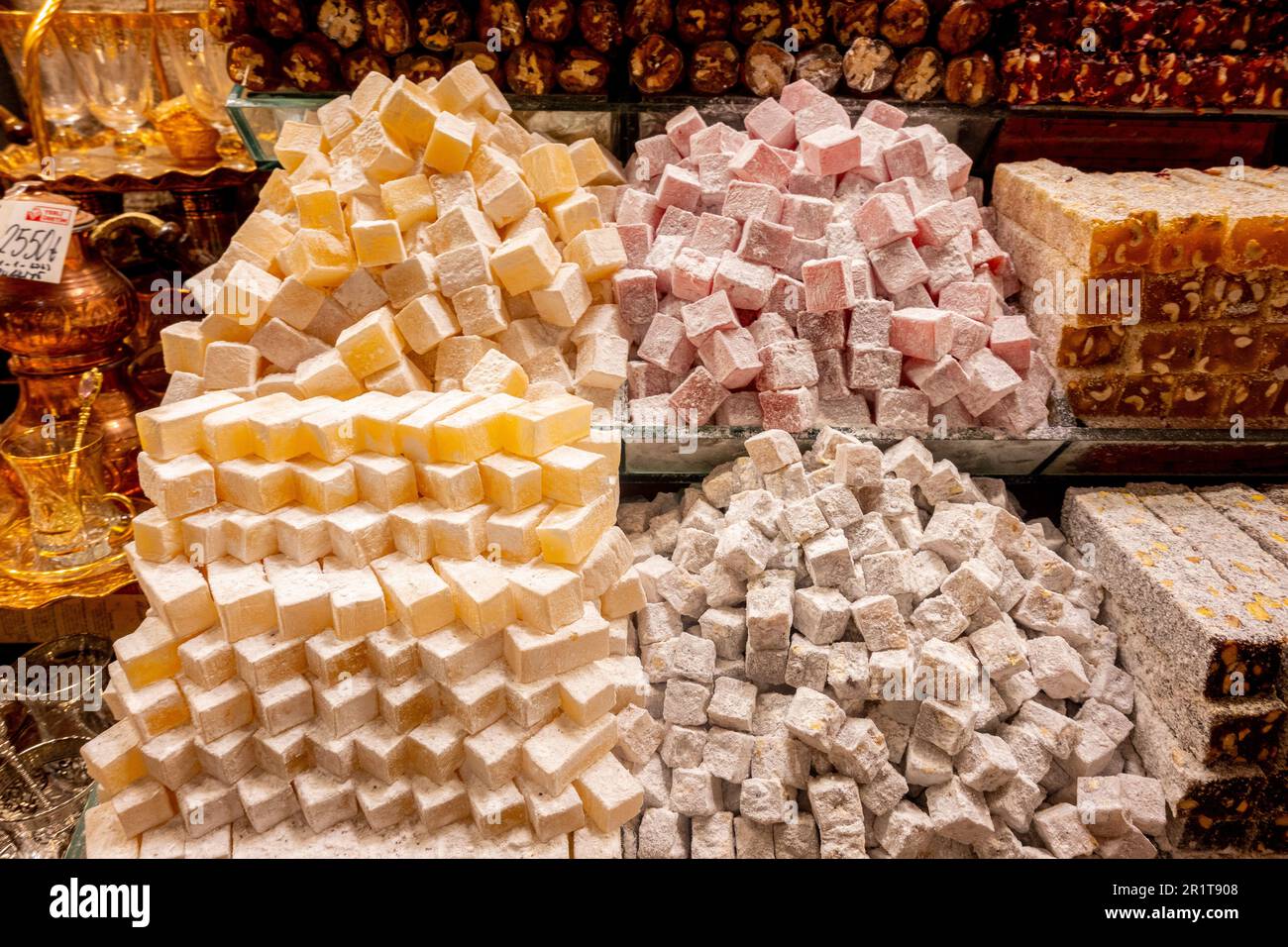 Traditional turkish delights sweets at the Grand Bazaar in Istanbul, Turkey. Stock Photo