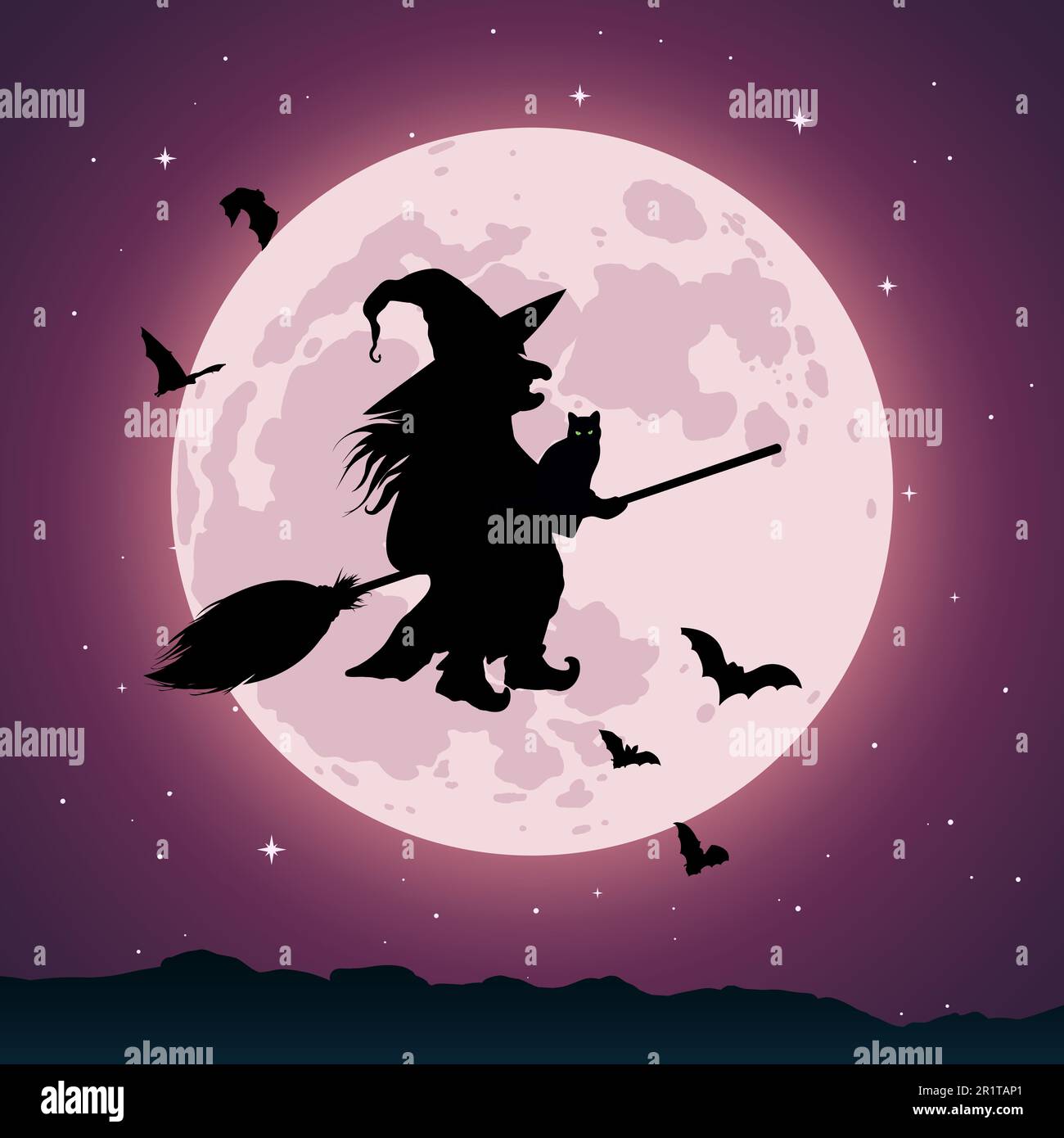 Old Witch Flying On A Broom Against Full Moon Stock Vector Image And Art