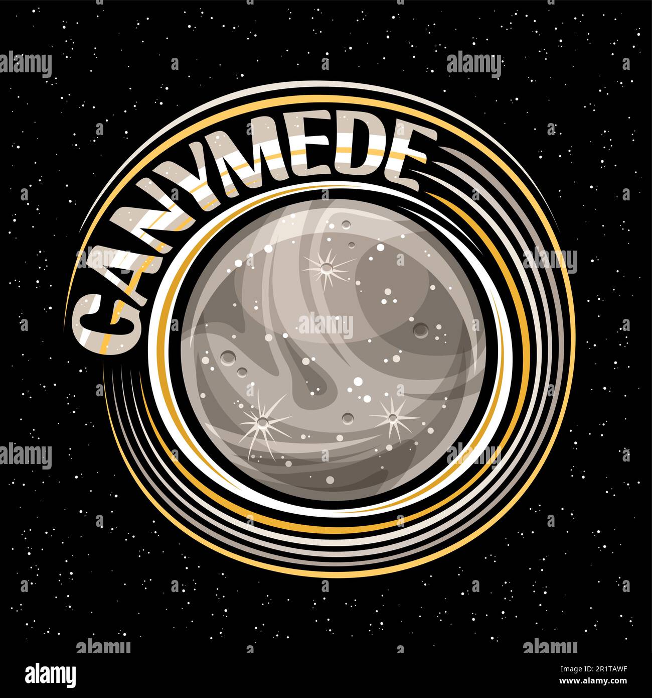 Vector logo for Ganymede, decorative fantasy print with rotating moon ganymede, stone surface with craters and mountains, cosmo tag with unique letter Stock Vector