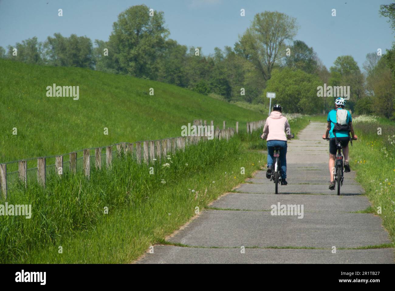 Cyclists on the way from Papenburg to Leer in spring. Shot from spring with a view of the vastness of the Emsland and the dyke of the Ems in northern Stock Photo