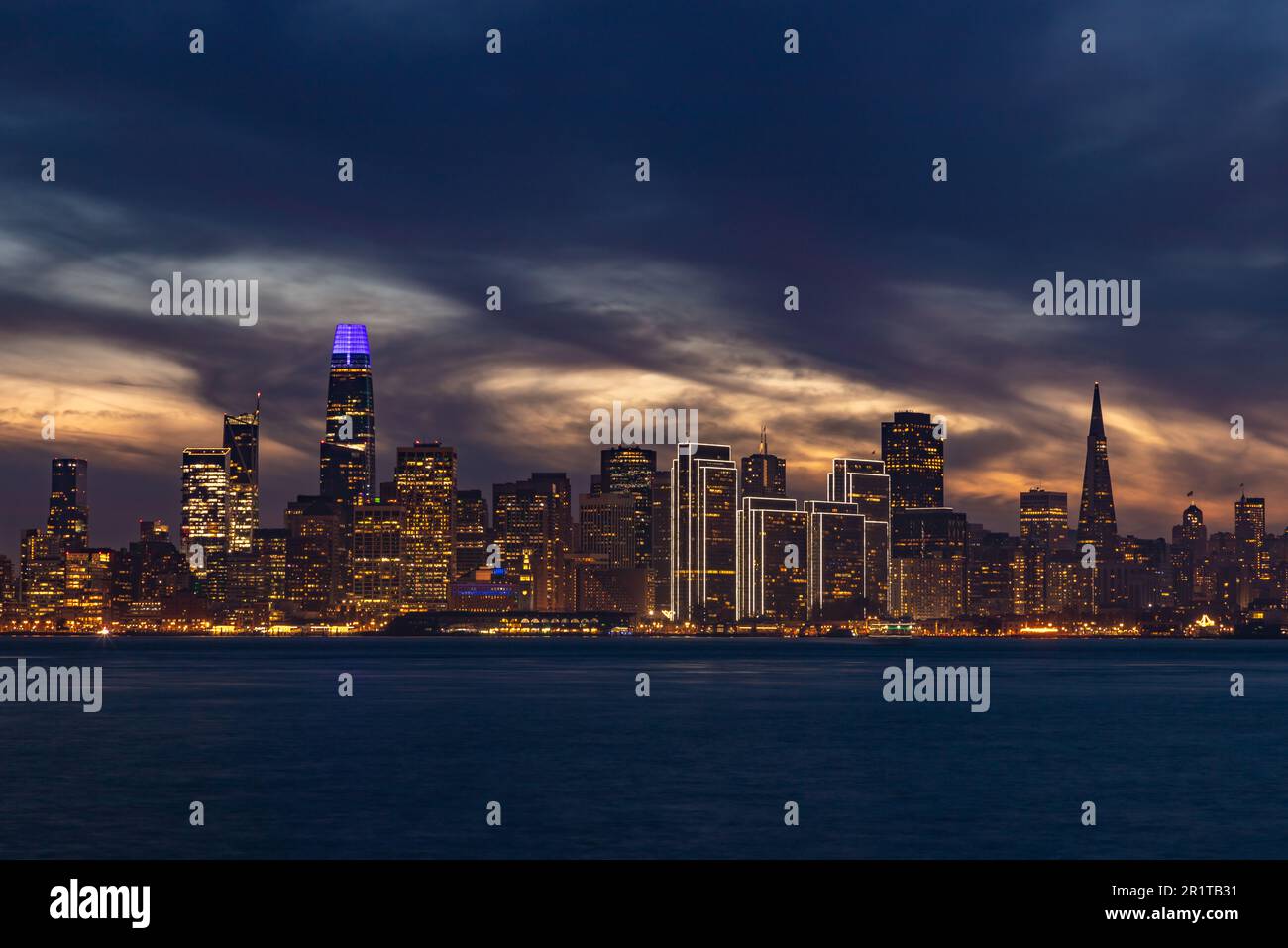 A picture of Downtown San Francisco as seen from Treasure Island at night. Stock Photo