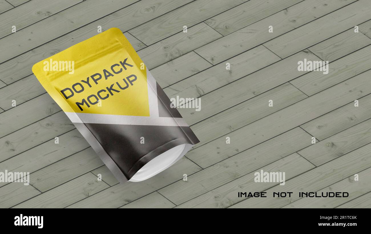 Isometric view doypack mockup on wooden floor. Stock Photo