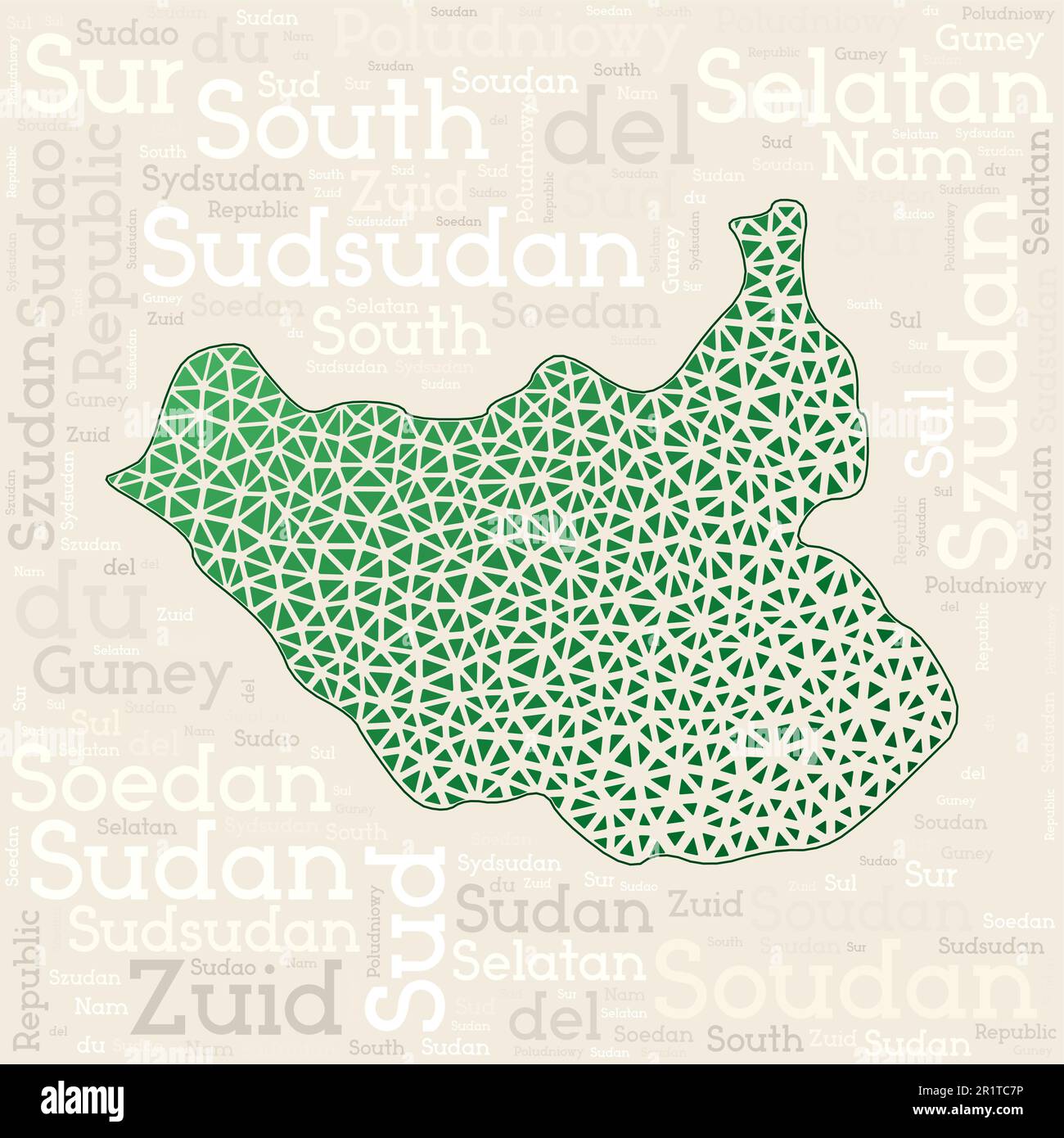 SOUTH SUDAN map design. Country names in different languages and map shape with geometric low poly triangles. Modern vector illustration of South Suda Stock Vector