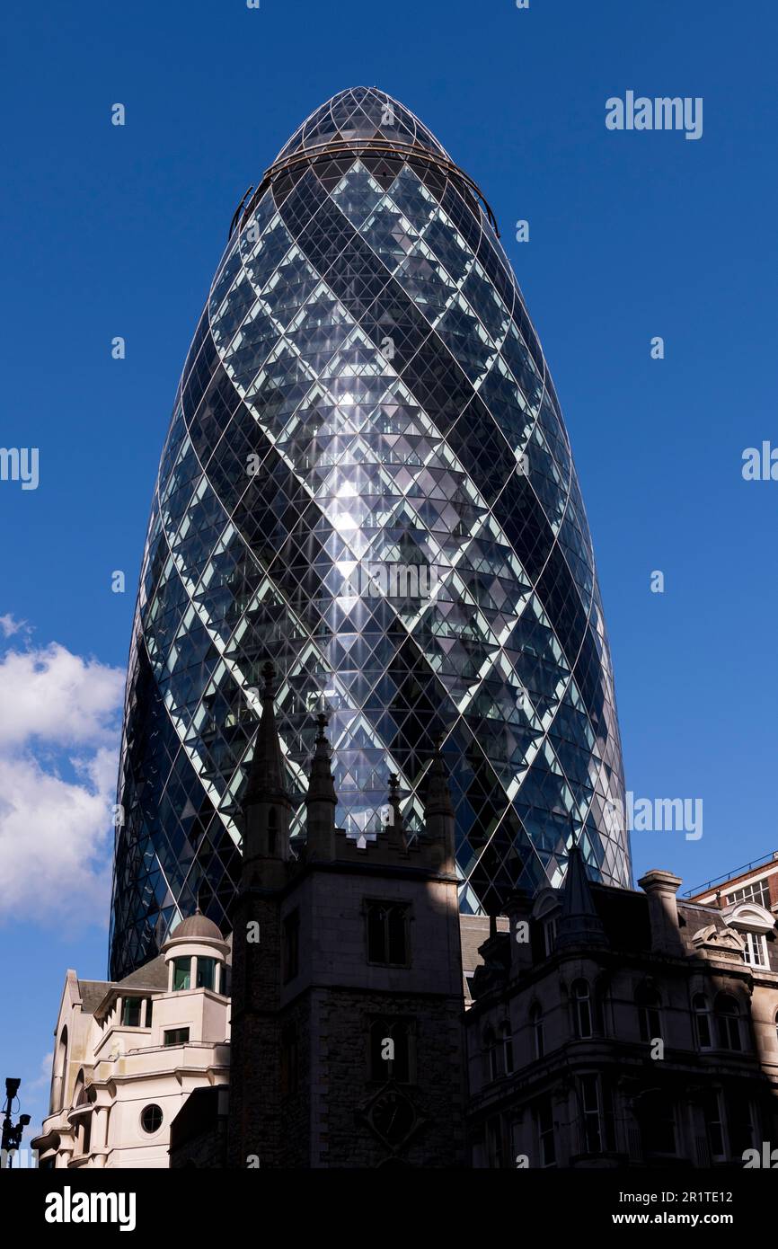 30 Saint Mary Axe informally known as the Gherkin is a commercial skyscraper in the City of London, London's primary financial district. The 41 floor Stock Photo