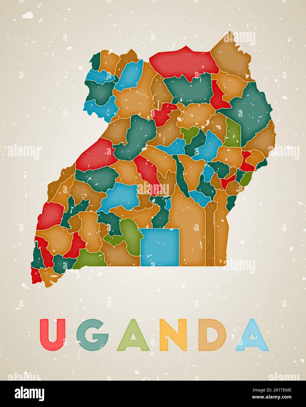 Uganda map. Country poster with colored regions. Old grunge texture ...