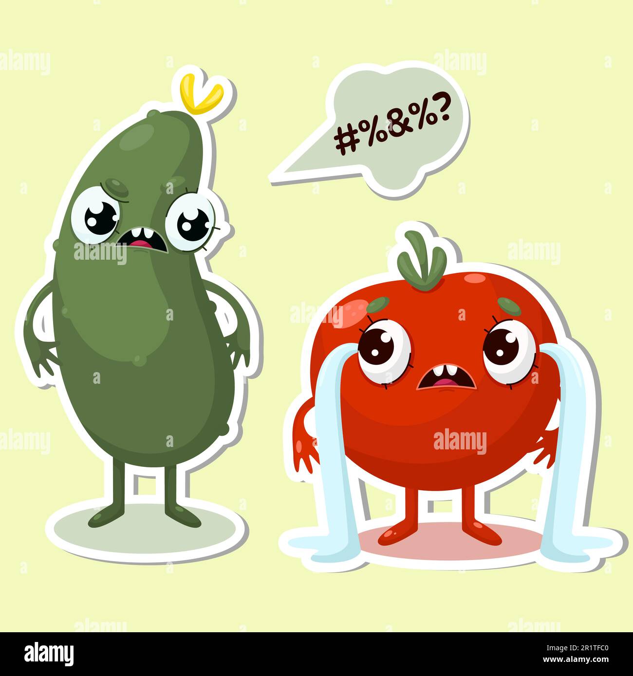 Angry cucumber and crying tomato character sticker Stock Vector