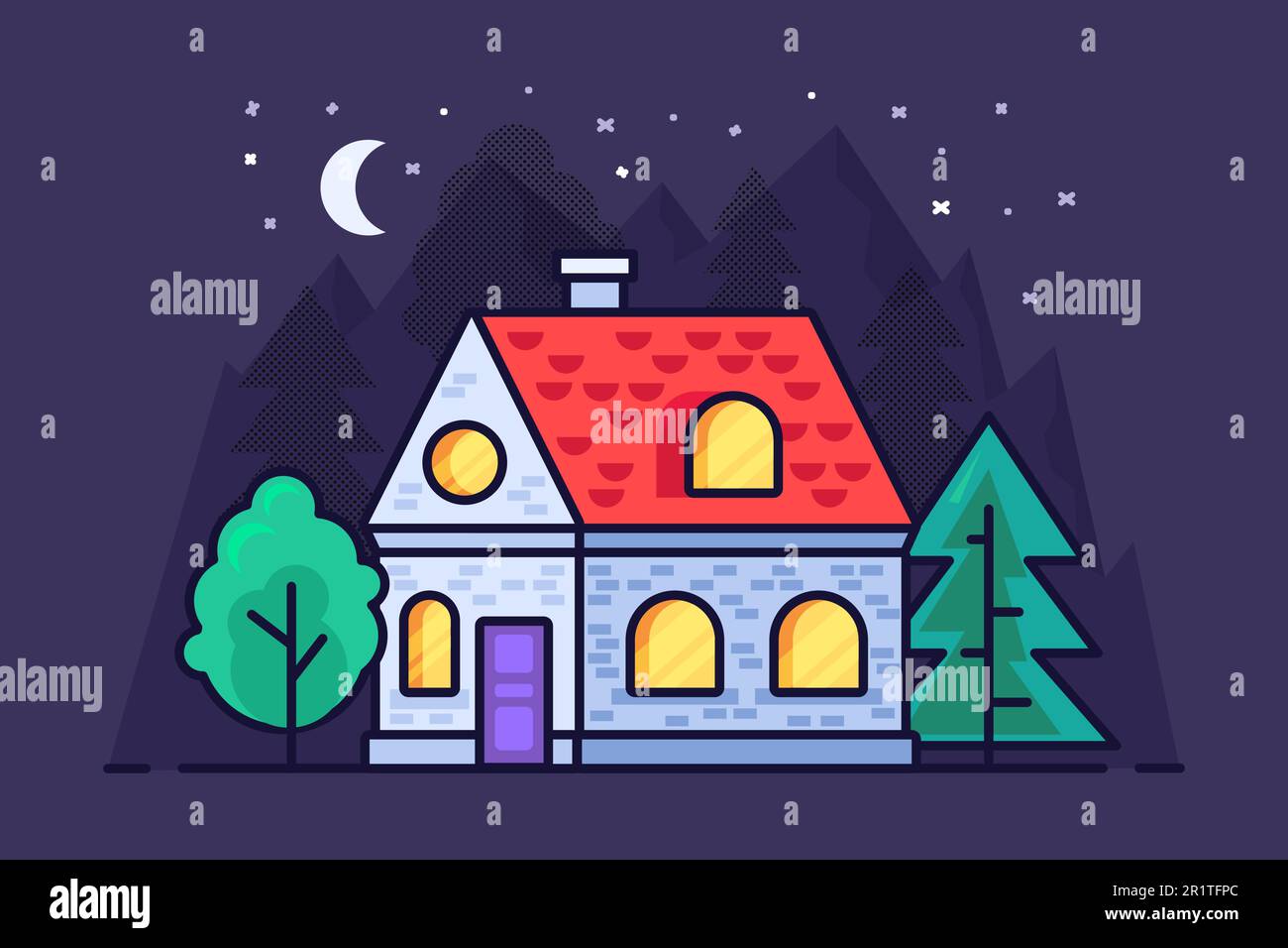 House in the mountains and forest in flat outline style. Vector Stock ...