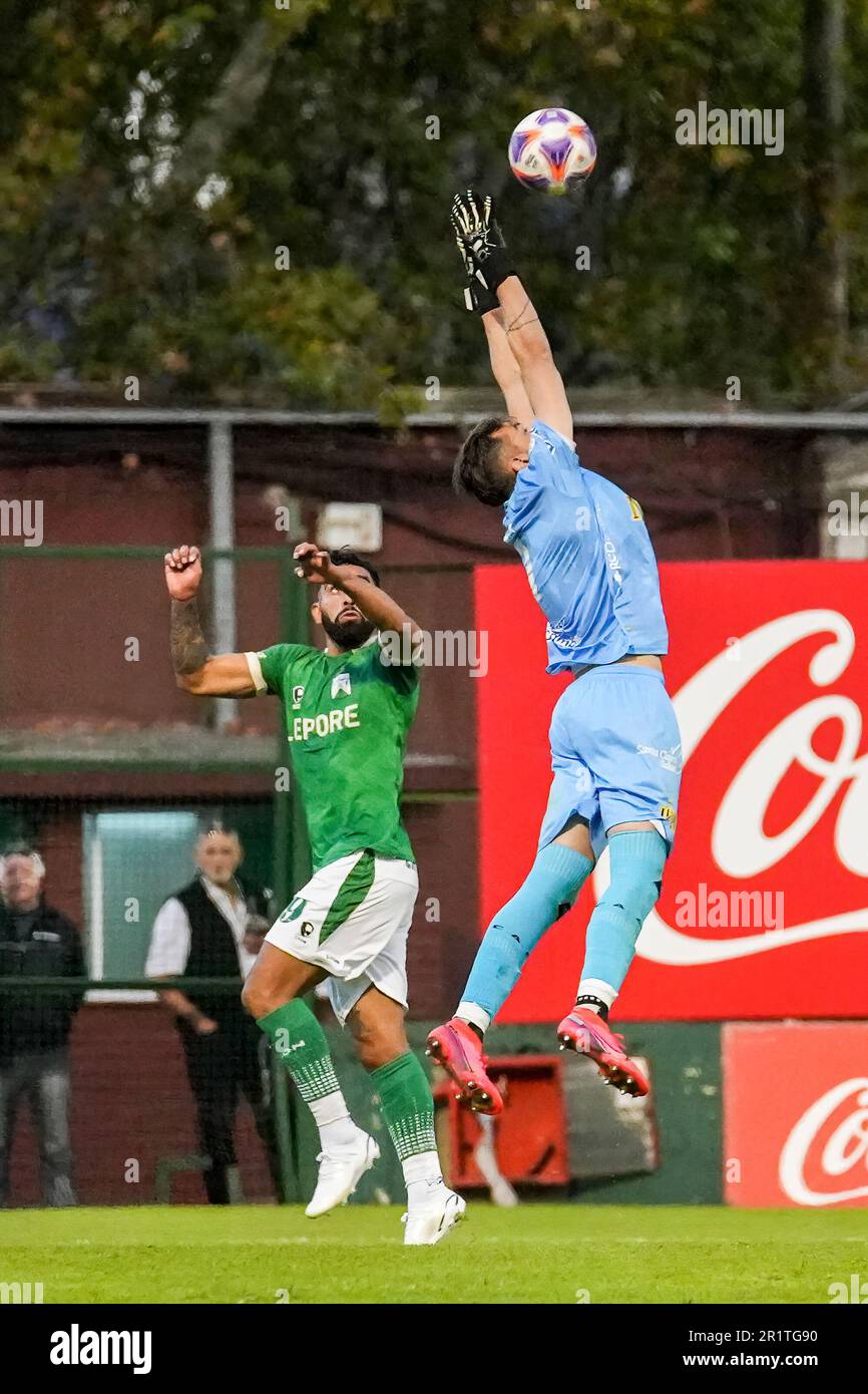 Buenos Aires, Argentina. 14th May, 2023. Goalkeeper Nicolas Sumavil from Atlanta and Jonathan Herrera from Ferro Carril Oeste seen in action during the14 Primera Nacional 2023 match between Ferro Carril Oeste and Atlanta at the Stadium Arquitecto Ricardo Etcheverri. Final Match Ferro Carril Oeste 2 - 0 Atlanta. Credit: SOPA Images Limited/Alamy Live News Stock Photo