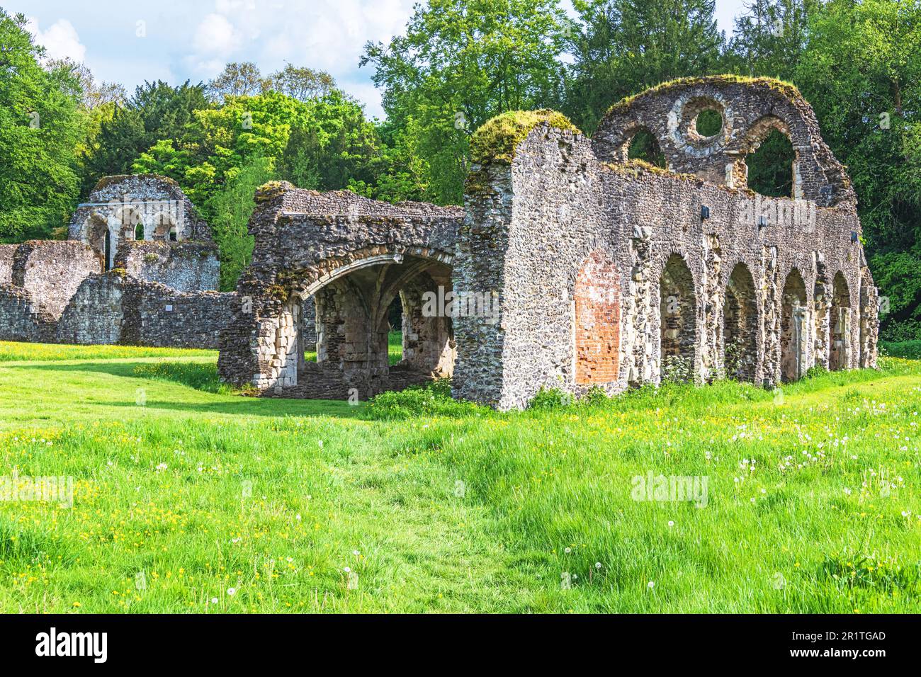 The ruined undercroft at Waverley Abbey near Farnham, Surrey. The Abbey was the first Cistercian Monastery built n England in 1128. Stock Photo