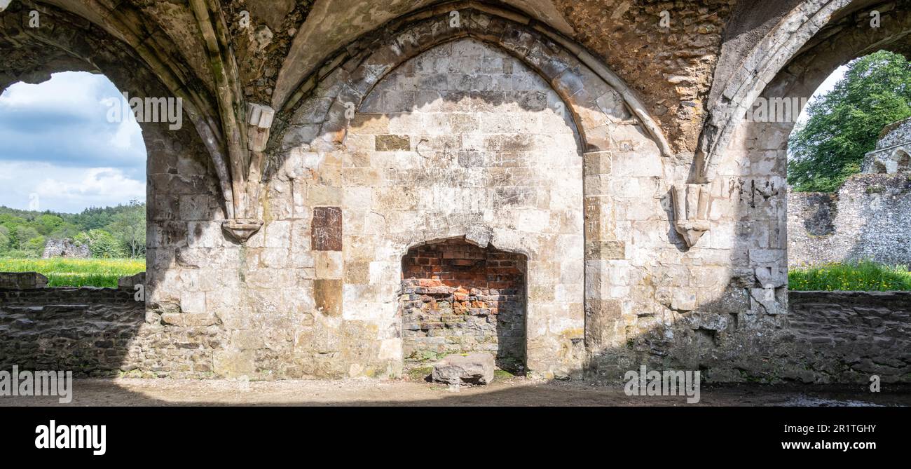 Part of the Interior of the ruins of Waverley Abbey near Farnham Surrey, this was the first Cistercian Abbey founded in England. 1128. Stock Photo