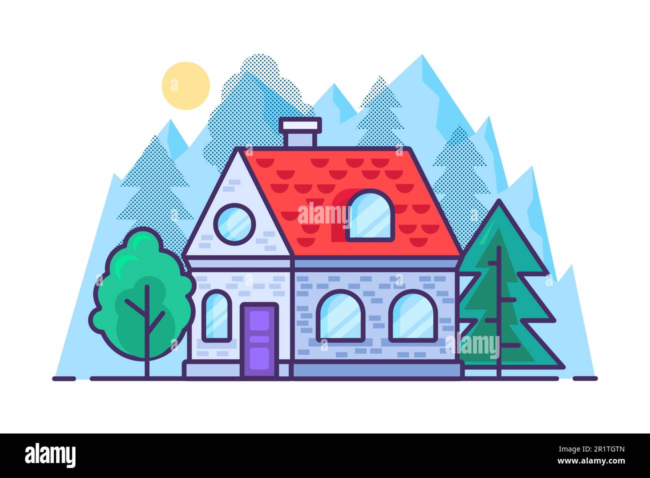 House in the mountains and forest in flat outline style. Vector Stock ...