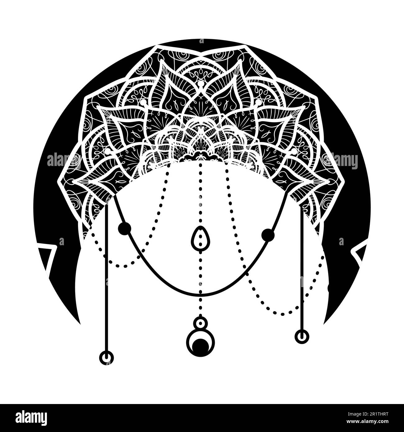 Moon with Mandala Floral Ornament Hand Drawn Isolated. Monochrome Crescent Oriental Pattern in Traditional Islam, Arabic, Indian Ethnic Decorations on Stock Vector