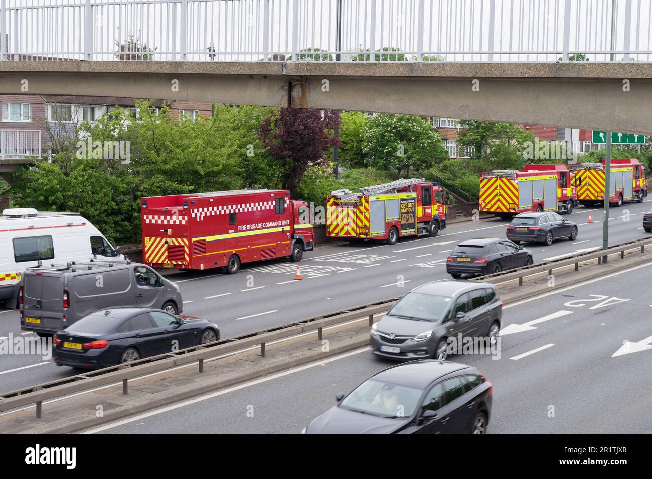 Bexley London UK, 13th May 2023. Multilple Fire Engines and ambulances  attended a major incident at a property on East Rochester Way, Westbound.  Credit: Xiu Bao/Alamy Live News Stock Photo - Alamy