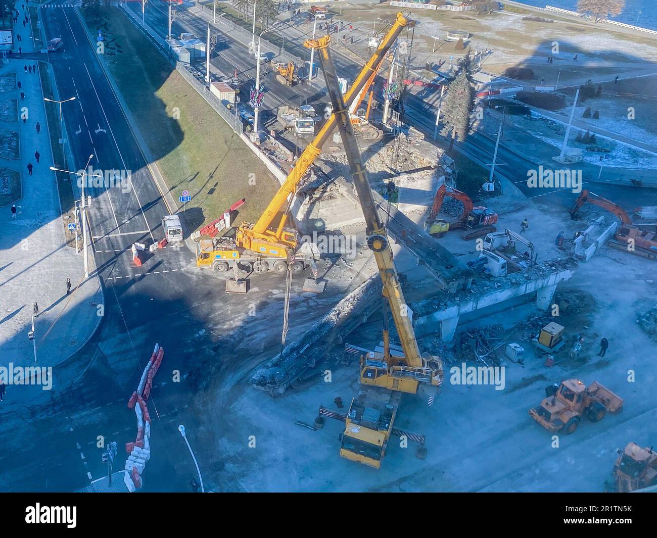 construction of a new overpass in the city center. near the river ...