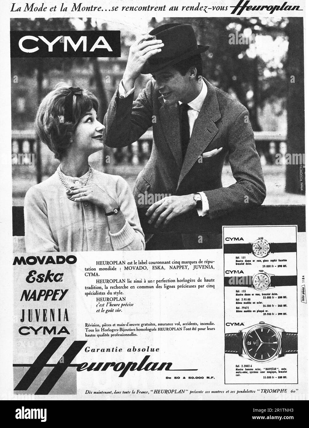 1959 Heuroplan Cyma watch French print ad. Movado, Cyma, Eska, and Juvenia watches. Stock Photo