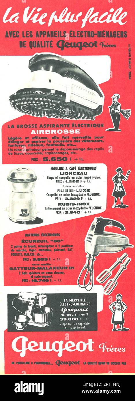 Peugeot Freres Airbrosse, coffee maker Peugimix Batteur Mixeur  French print ad, 1959 Stock Photo