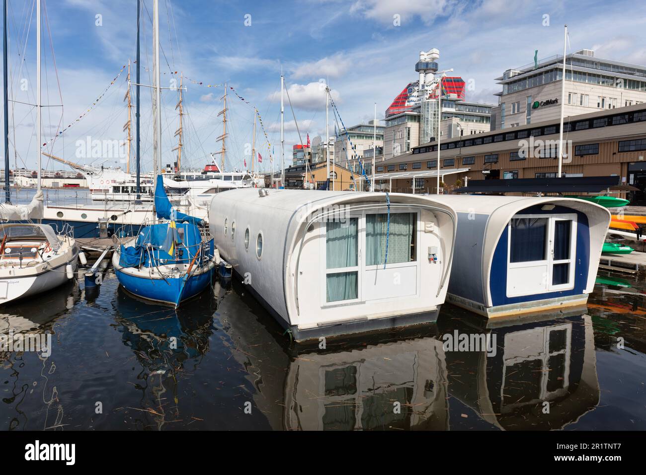 Boats and house boats moored in Lilla Bommens harbour Gothenburg 400 year anniversary 2023. Gothenburg. Stock Photo